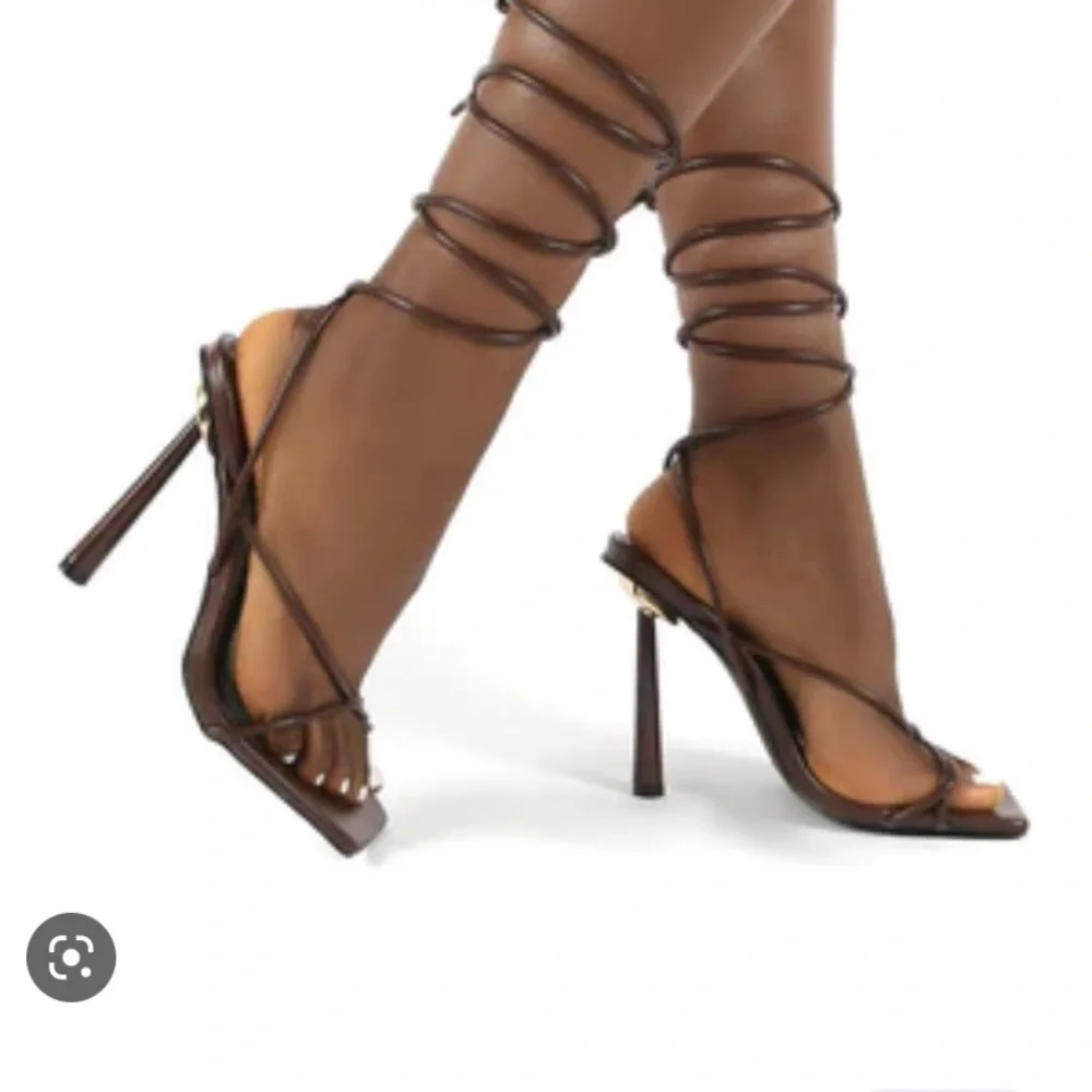 Lacey Chocolate Square Toe Strappy Lace Up Heels - US 7 - Picture 2 of 4